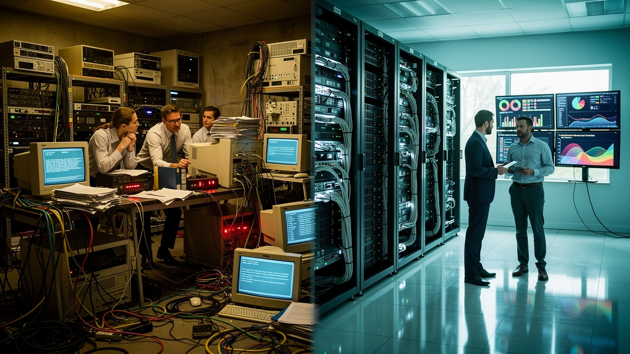 Outdated IT infrastructure contrasted with modern server setup