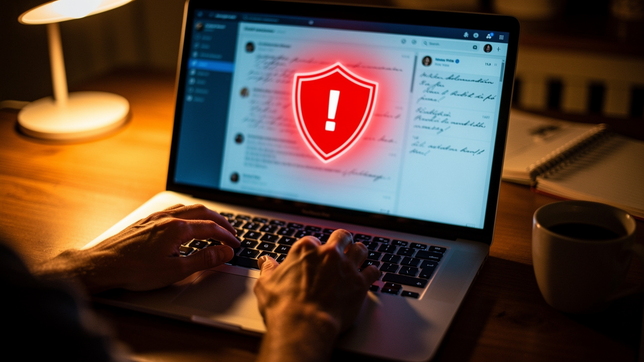 Person typing on laptop with phishing email warning on screen