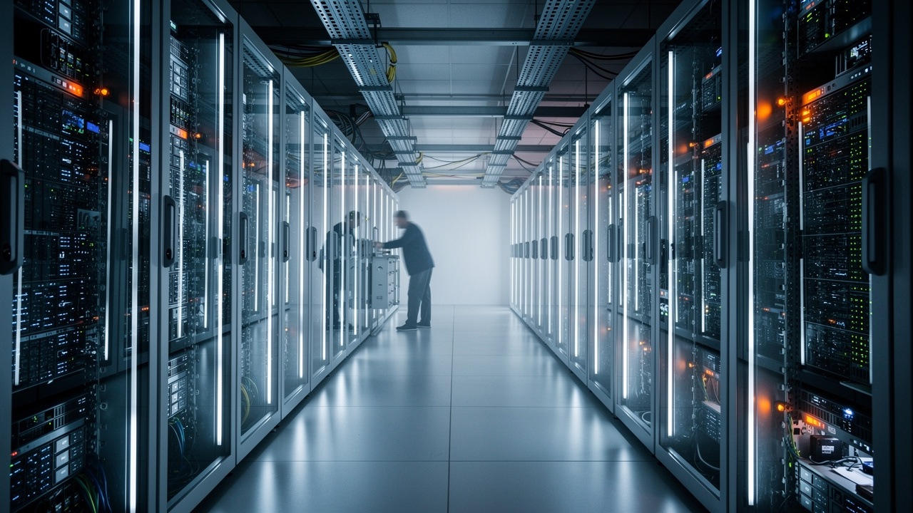 Data center server corridor with security monitoring lights glowing