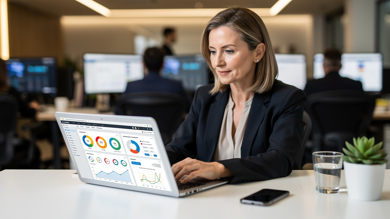 Business professional managing IT systems proactively at desk