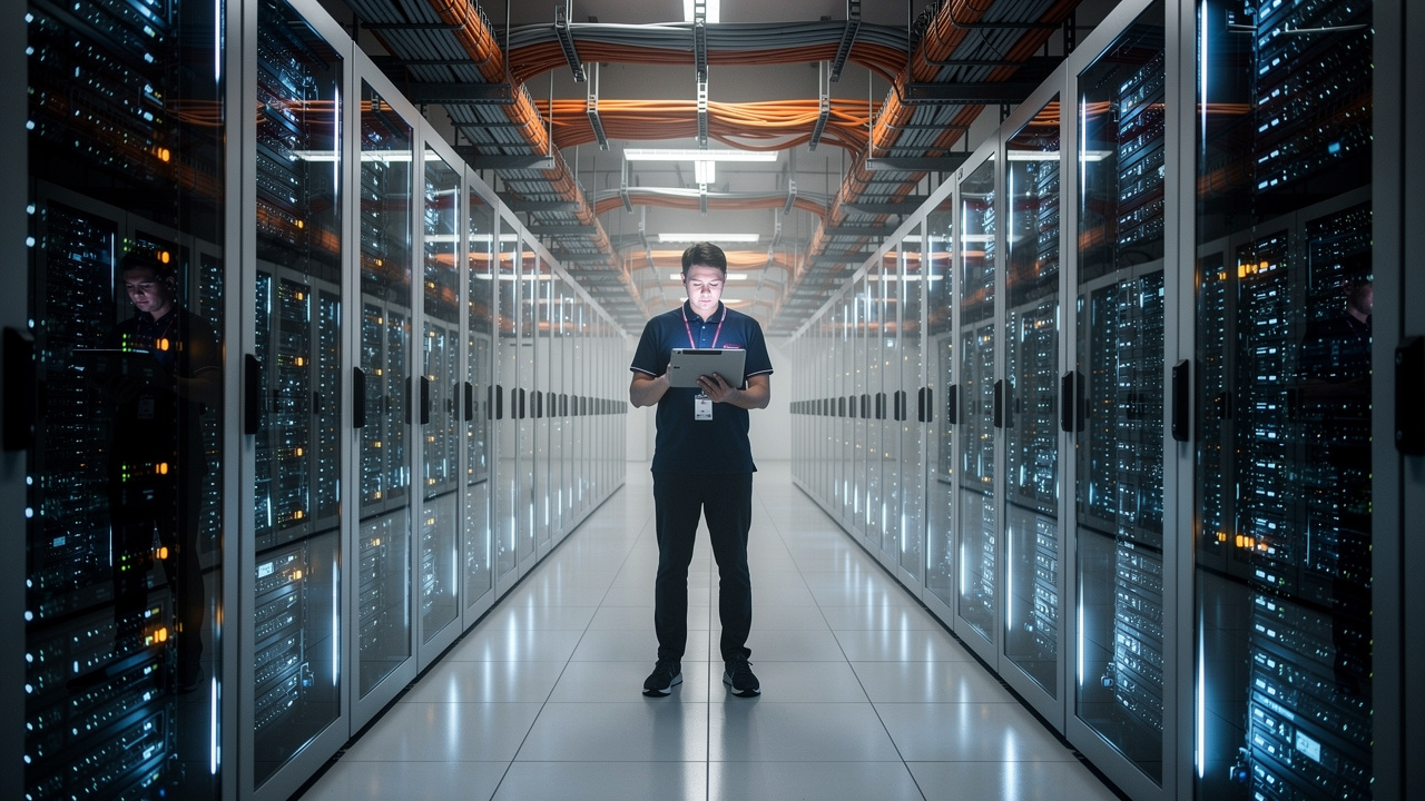 IT technician standing alone in a server room corridor