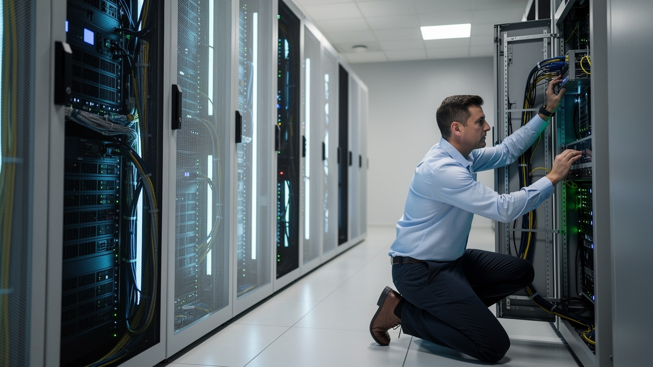IT technician performing a backup restore test in a server room