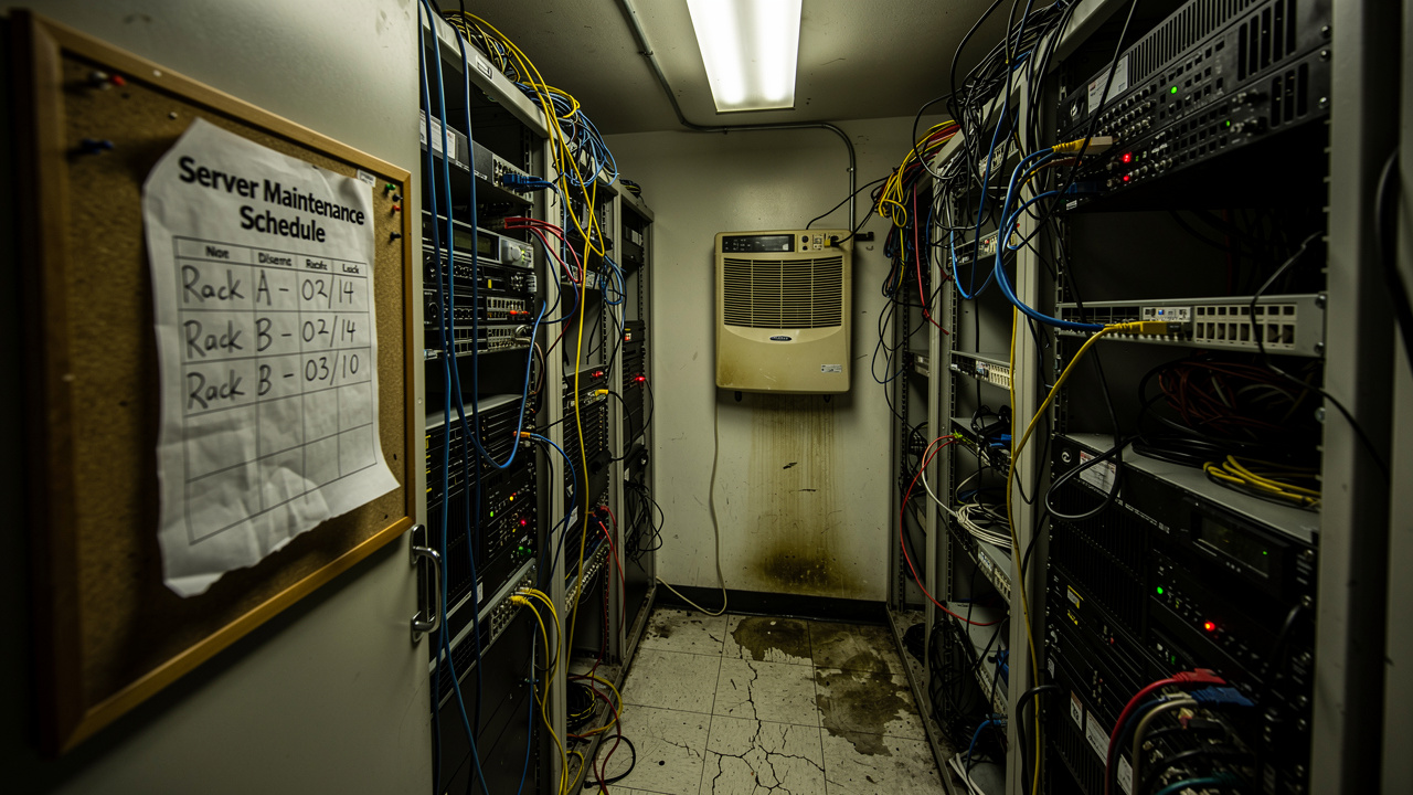 Cramped aging on-premise server room with tangled cables