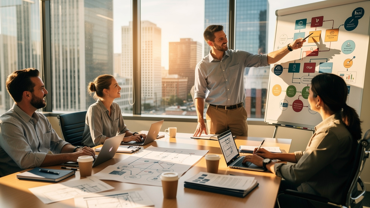 IT consultants planning Azure cloud migration roadmap in office