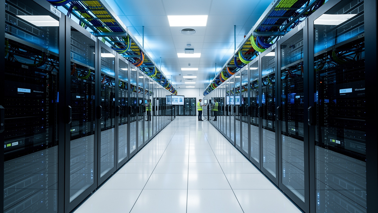 Large modern Microsoft Azure data center with redundant server racks