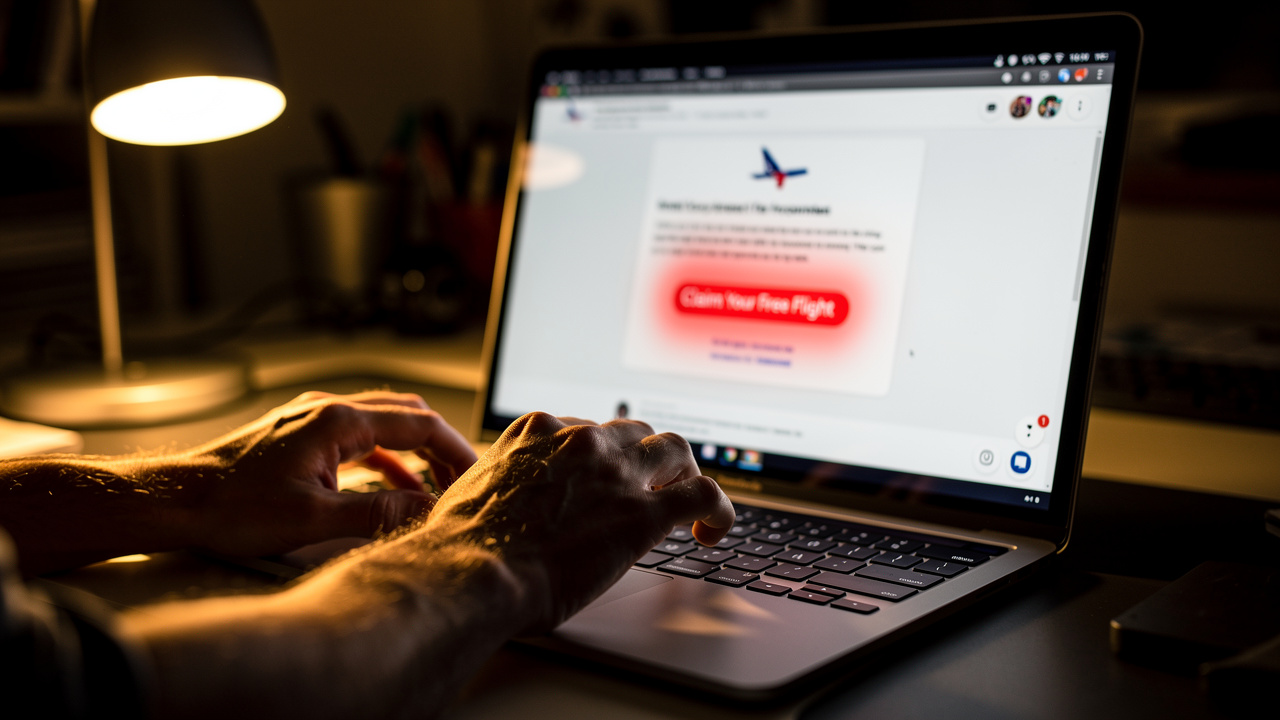 Person hesitating over suspicious travel-themed phishing email