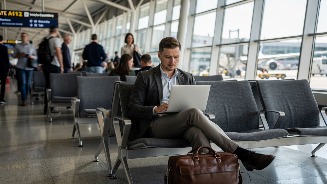 Business traveler using laptop on unsecured airport Wi-Fi