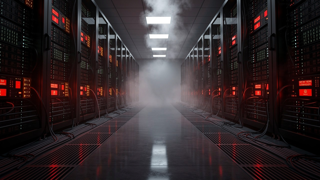 Dark empty server room with flashing red warning indicators