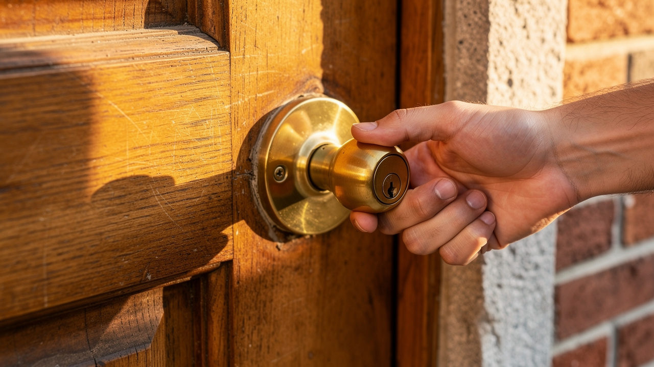 Hand locking deadbolt on wooden door as security metaphor
