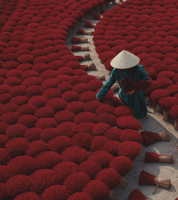 Person wearing a conical hat arranging bundles of red incense sticks laid out in circular patterns on the ground.