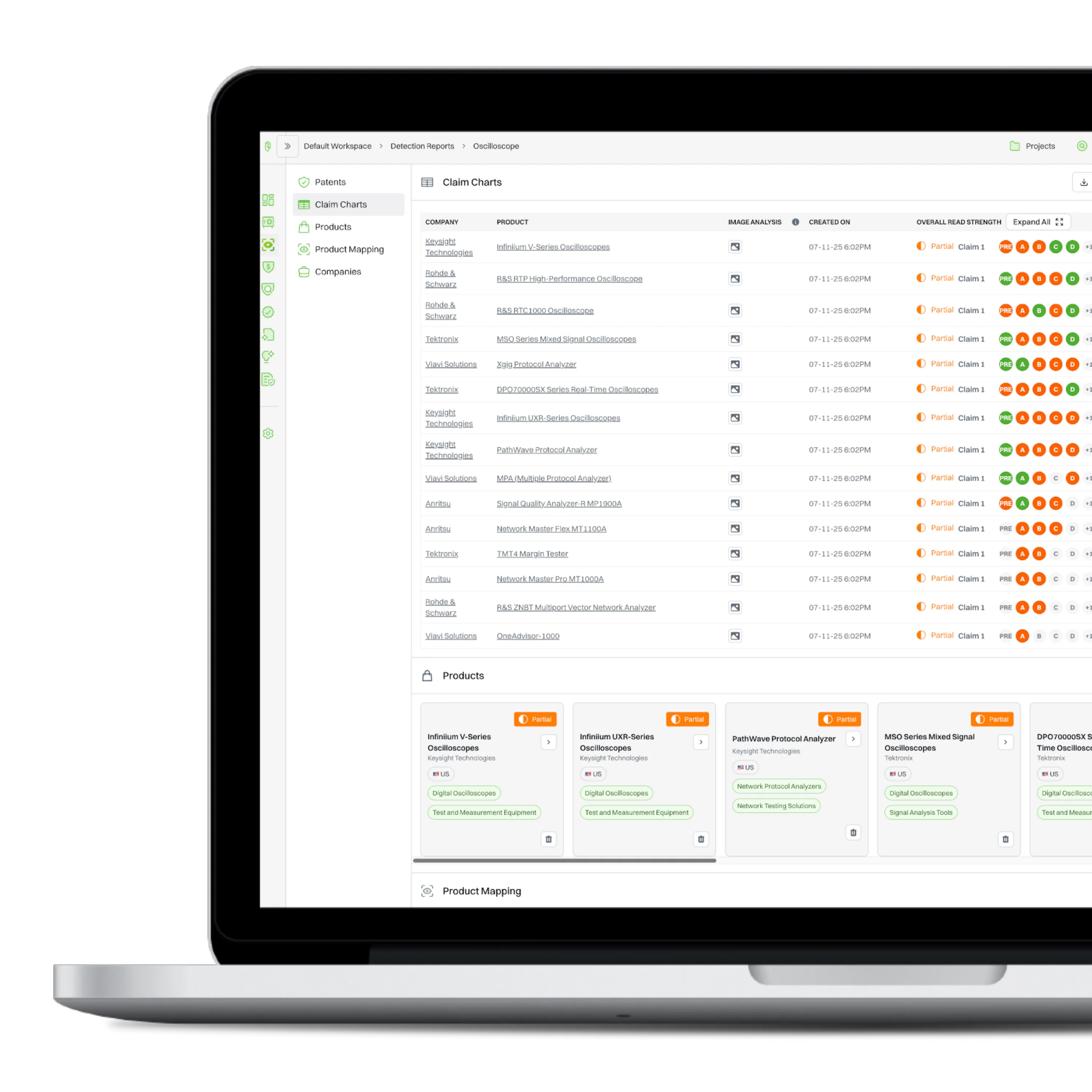 Laptop screen displaying a software interface with claim charts, product listings, and company details.