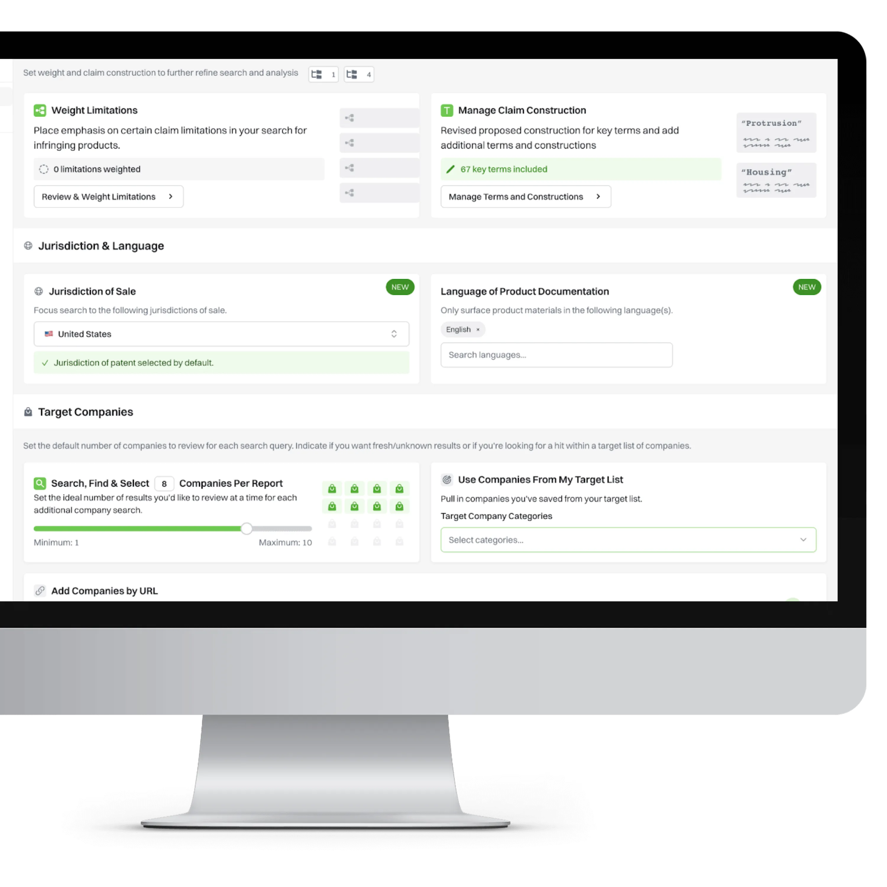 Dashboard screen showing settings for claim limitations, jurisdictions, language, and company search controls.