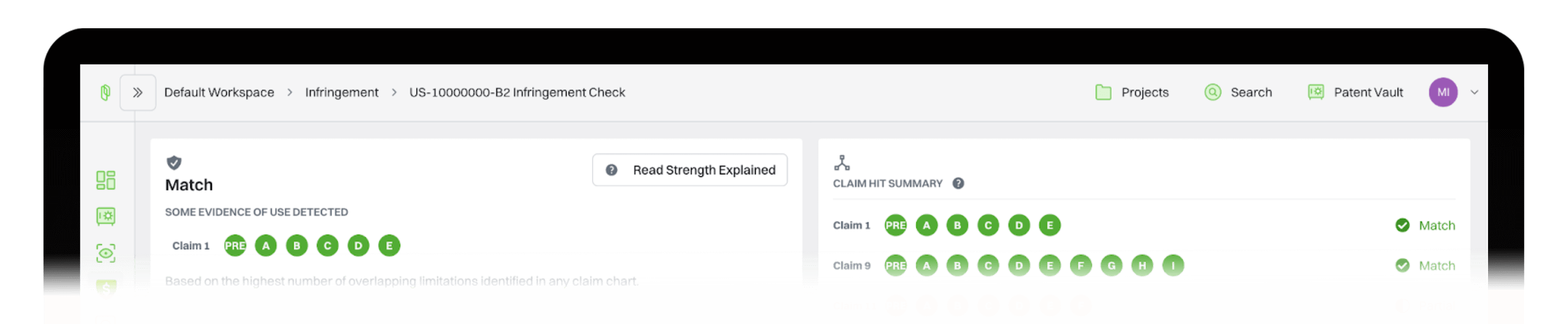 Infringement check interface showing claim matches with green for full, orange for partial matches.