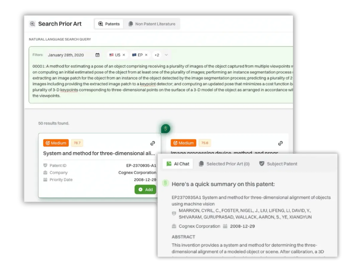 User interface showing a patent search for three-dimensional object alignment with AI-generated patent summary.