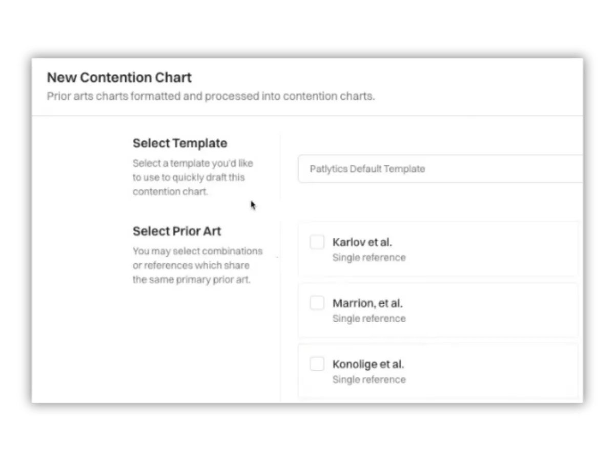 Screen showing a New Contention Chart interface with options to select a template and prior art references.