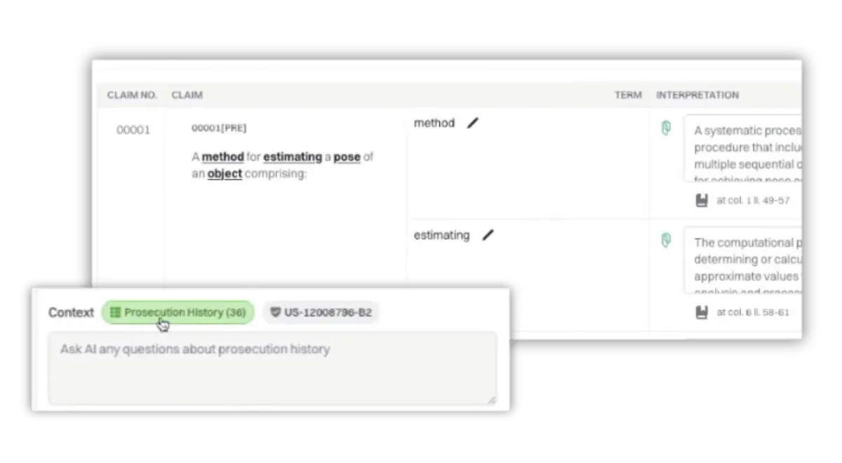 Screenshot of an AI tool showing a patent claim with highlighted terms and a query box for prosecution history.