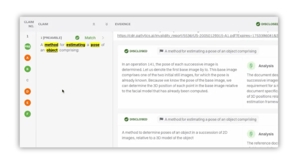 Screenshot of a claim matching interface highlighting a method for estimating a pose of an object.