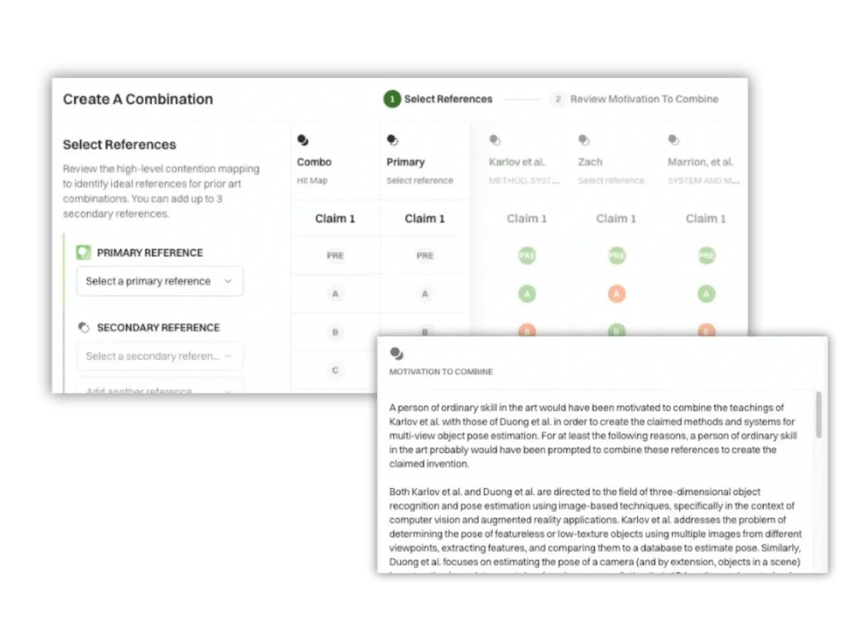 Interface for creating patent reference combinations with a motivation-to-combine text explanation section.