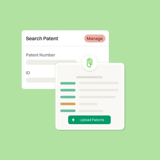 Interface showing patent search with fields and a panel to upload patents on a green background.