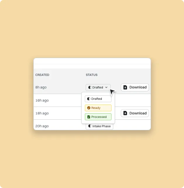 A table of timestamps and status dropdowns with options Drafted, Ready, Processed, and Download buttons.