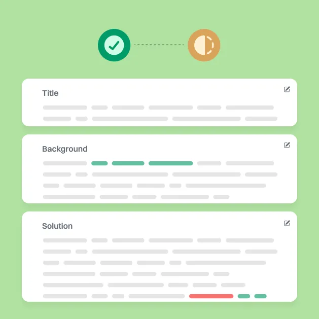 User interface showing sections titled Title, Background, and Solution with checkmark and eye icons above.