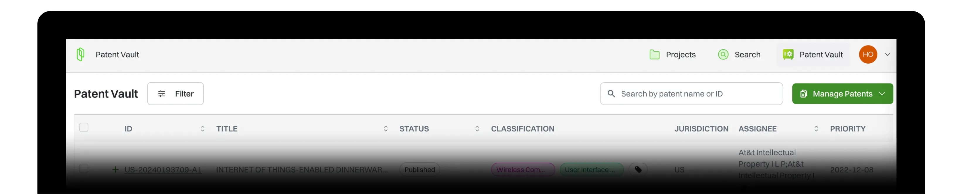 Patent Vault interface showing columns for ID, title, status, classification, jurisdiction, assignee, and priority.