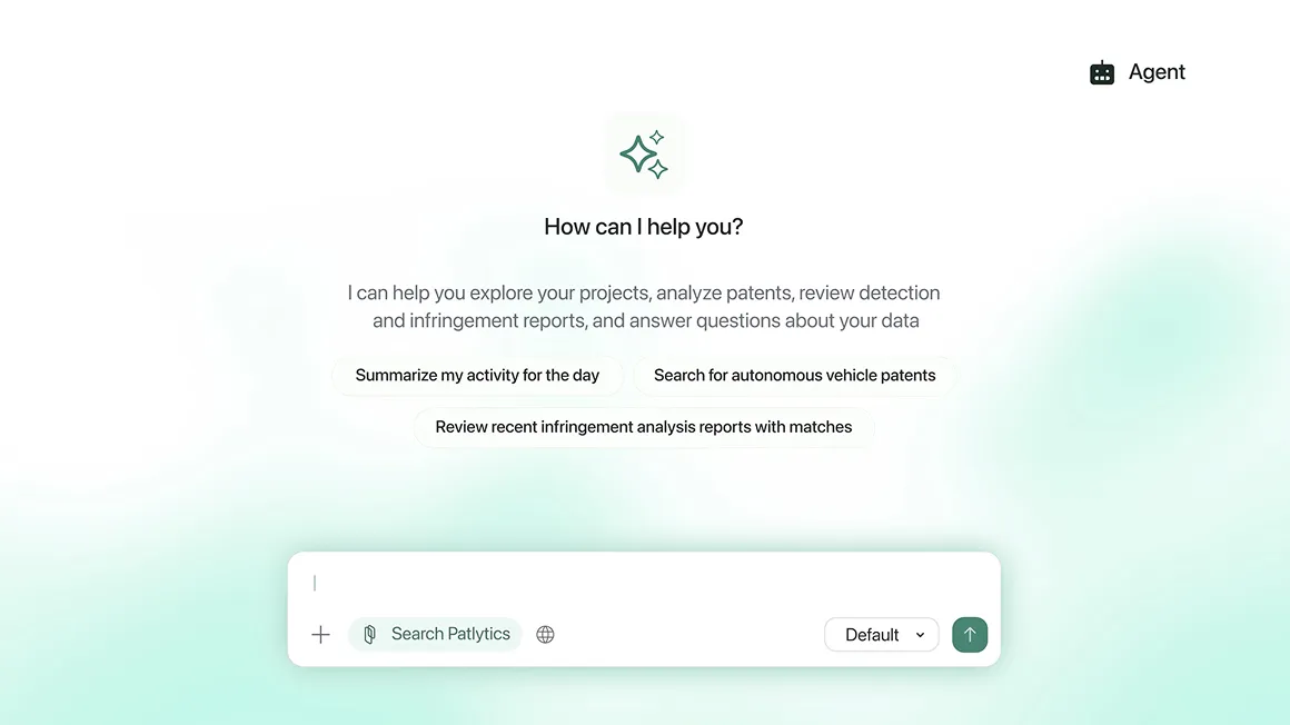 Video thumbnail with Chat interface with options to summarize activity, search patents, or review infringement reports.