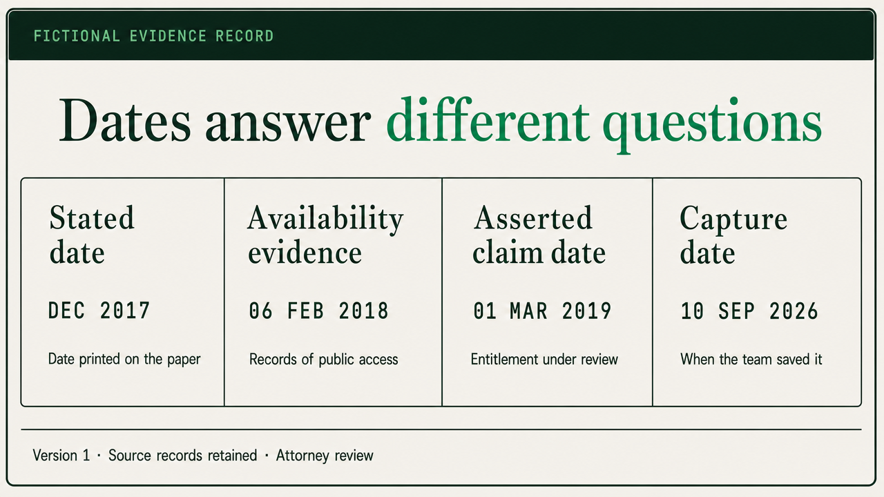 Fictional evidence record separates the stated, public-availability, asserted claim, and capture dates.