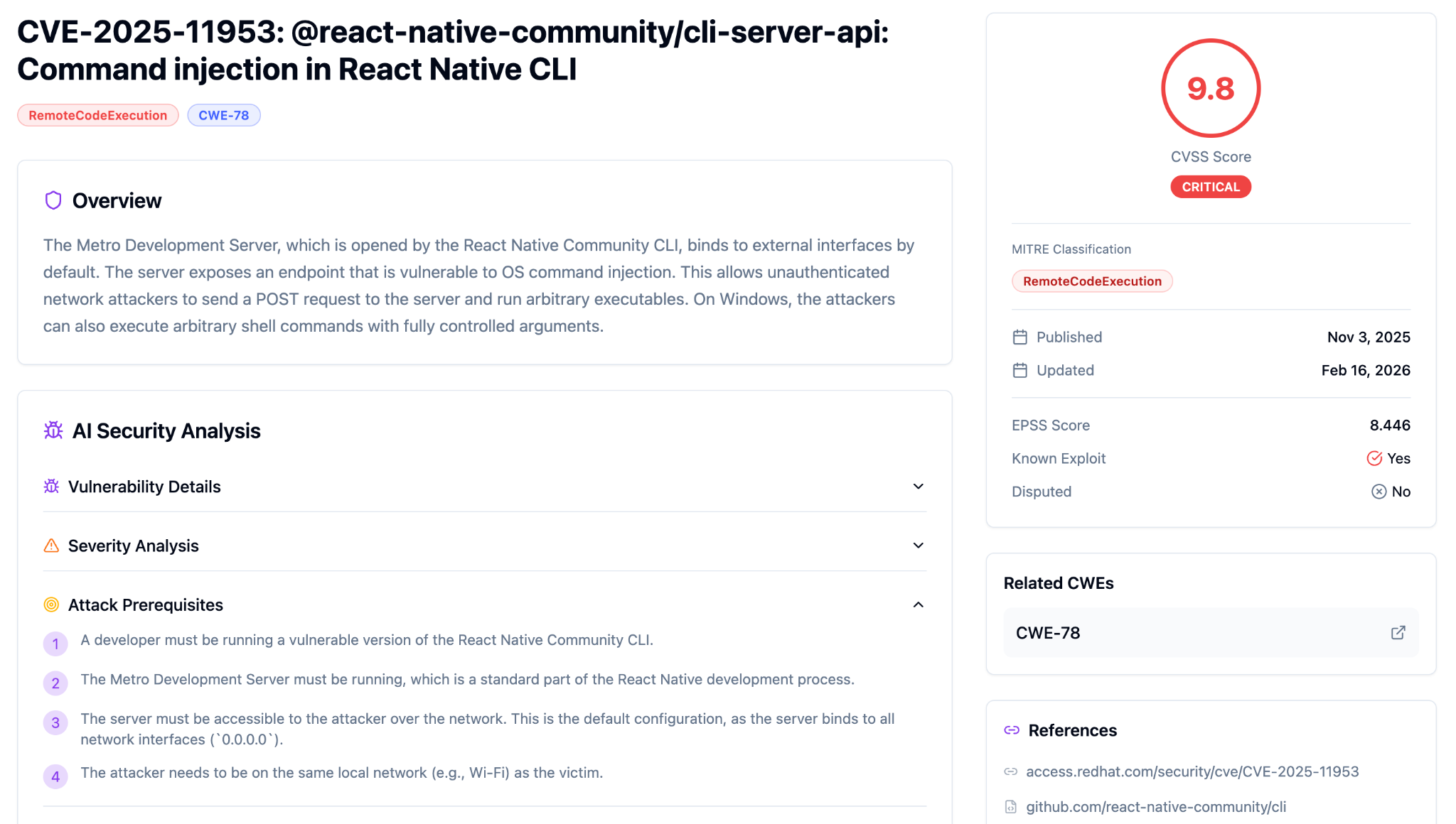 Screenshot of Averlon Vulnerability Intelligence analysis page for CVE-2025-11953 showing attack prerequisites.