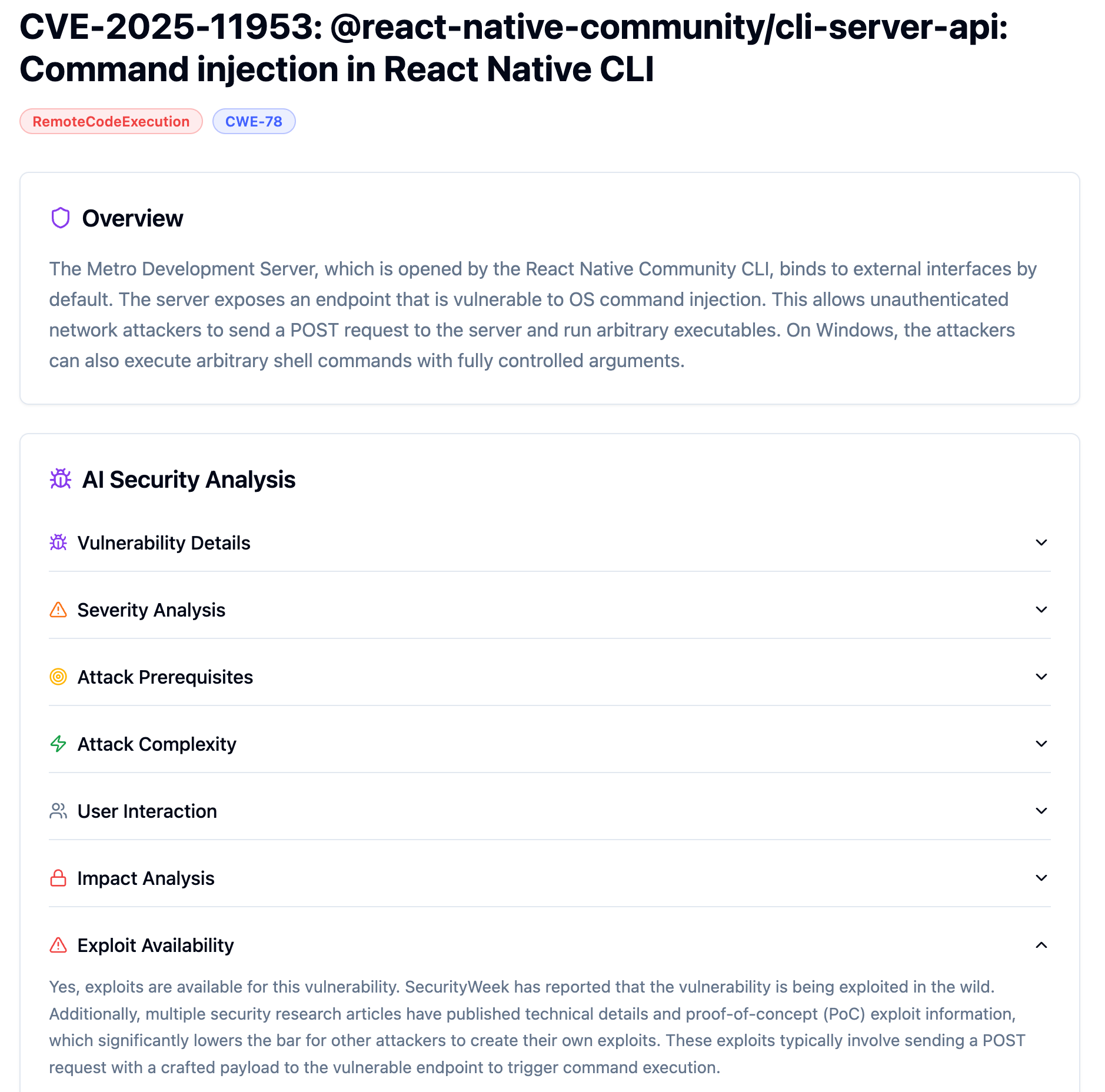 Screenshot of Averlon Vulnerability Intelligence analysis page for CVE-2025-11953 showing exploit availability.