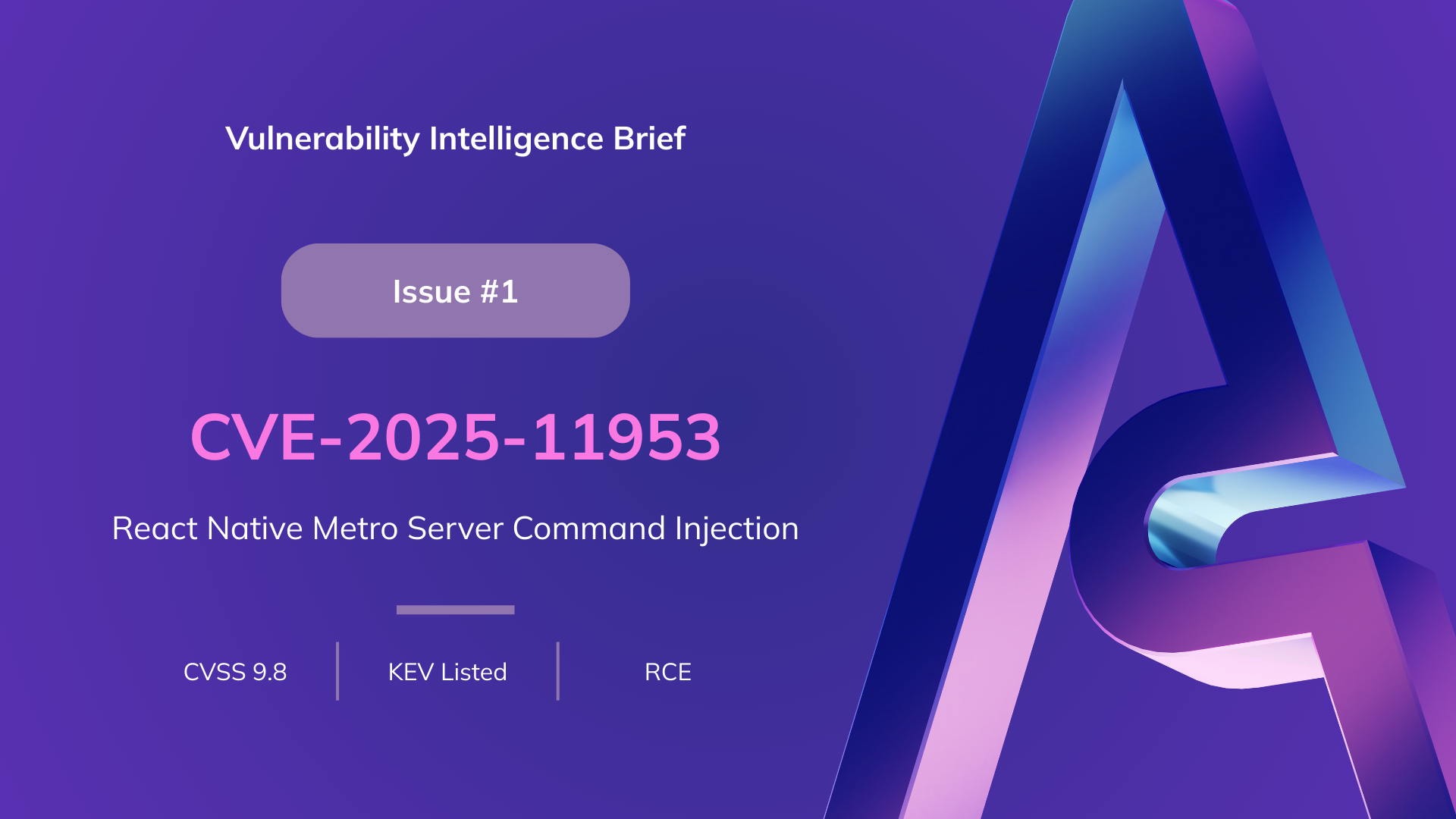 Vulnerability Intelligence Brief header for CVE-2025-11953, React Native Metro server command injection, showing CVSS 9.8, KEV listed, and RCE classification.