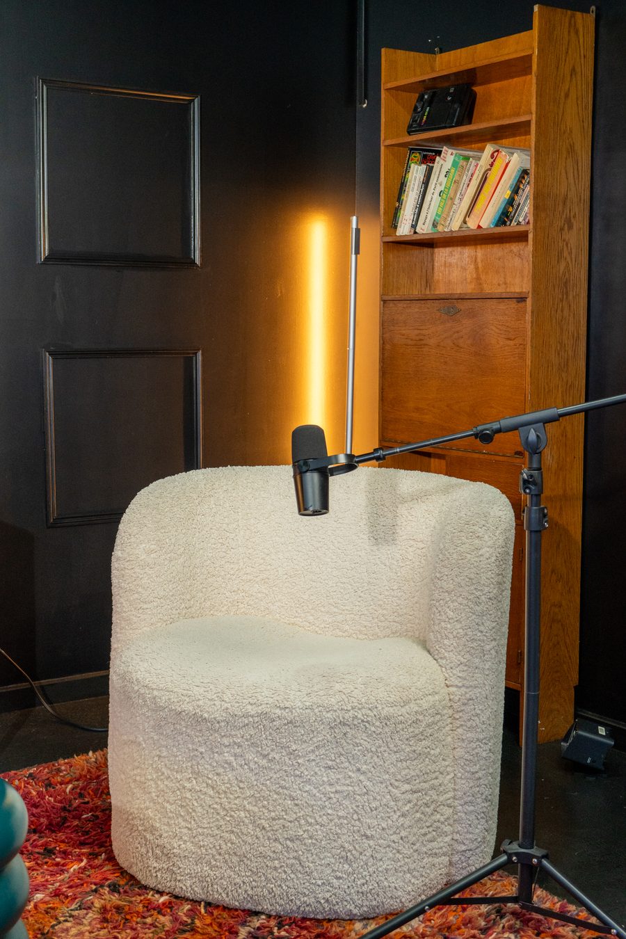 Détail du décor : fauteuil blanc, micro et bibliothèque en bois