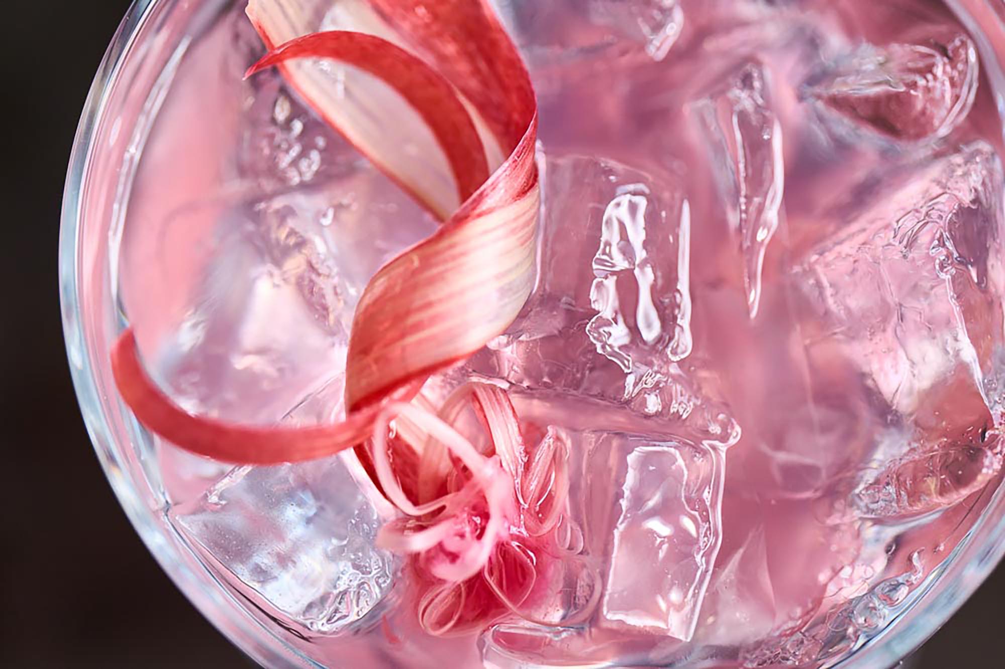 Pink rhubarb cocktail viewed from top
