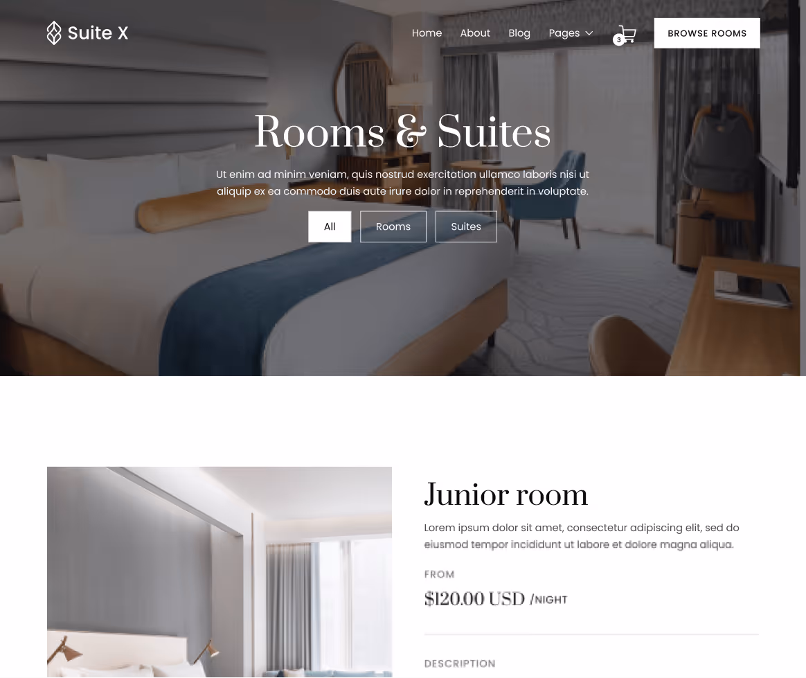 Suite X - Rooms Page - Hotel Webflow Template