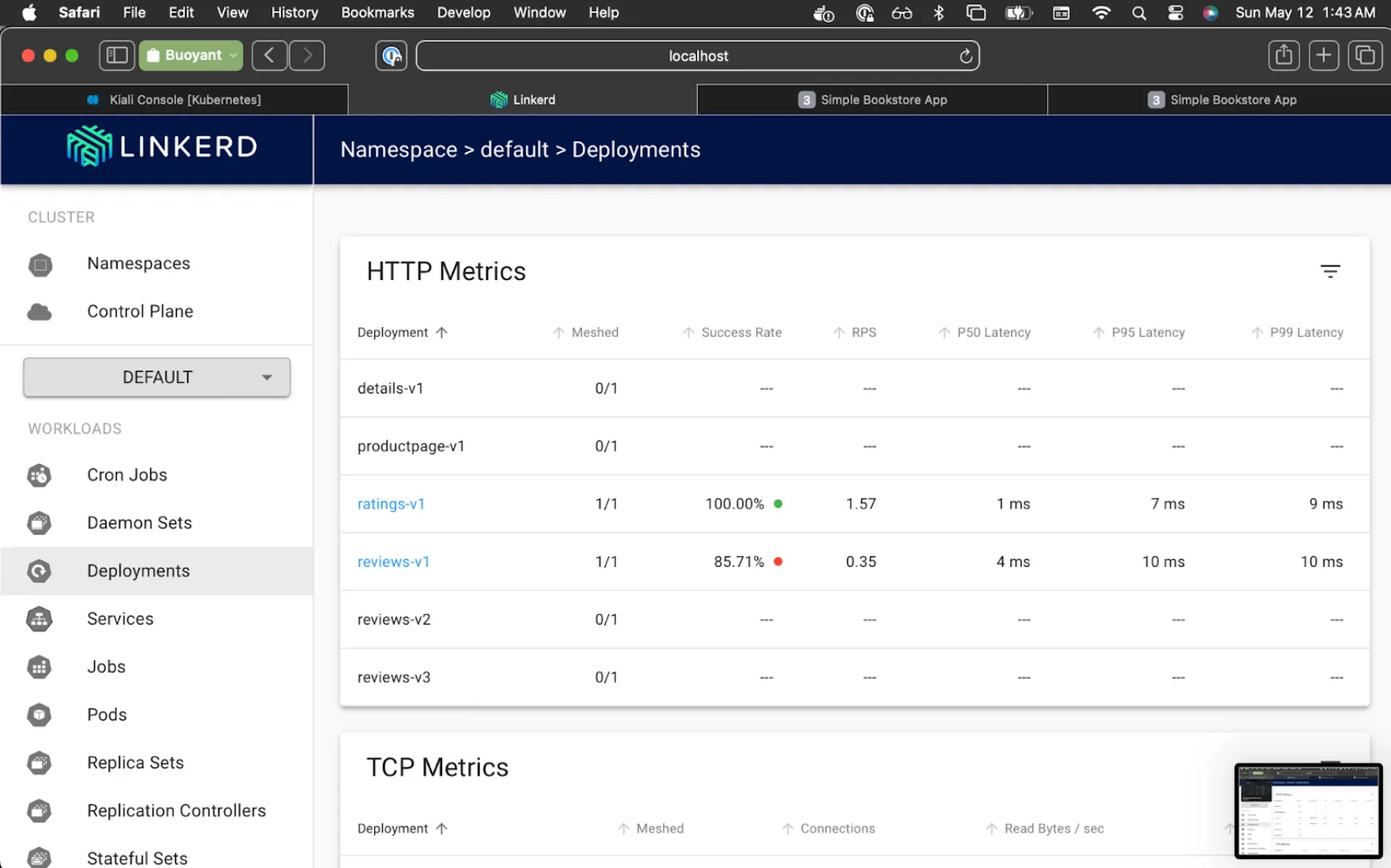 Linkerd VIZ shows the reviews-v1 service being meshed at a 85.71% success rate.
