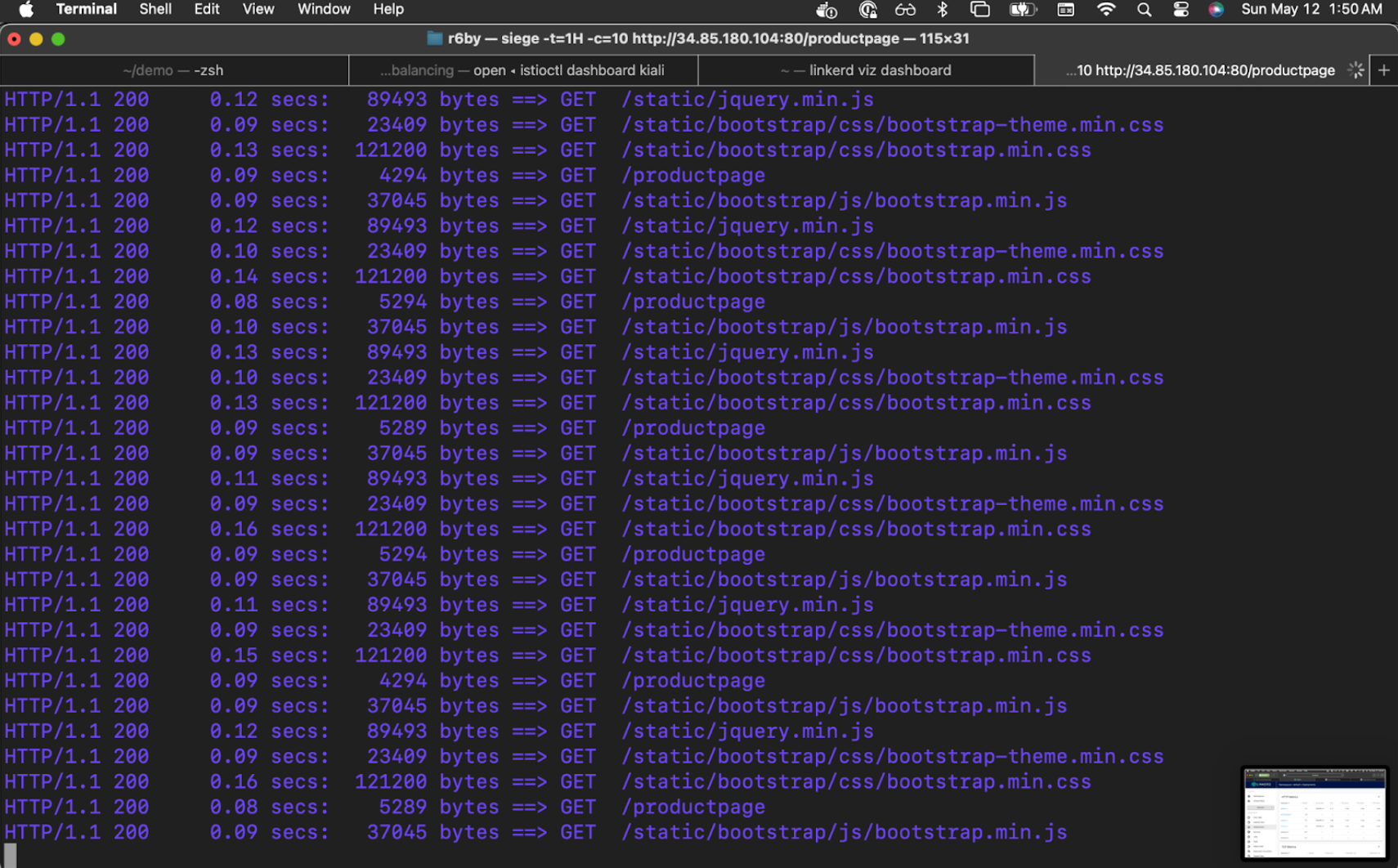 Siege output shows HTTP 200 in our simulated traffic reports.
