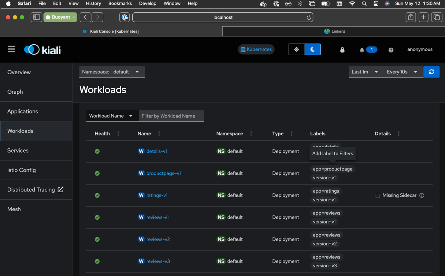 Kiali reports the Istio sidecar as missing for the service we migrated to Linkerd. All other workloads are still part of the Istio mesh.