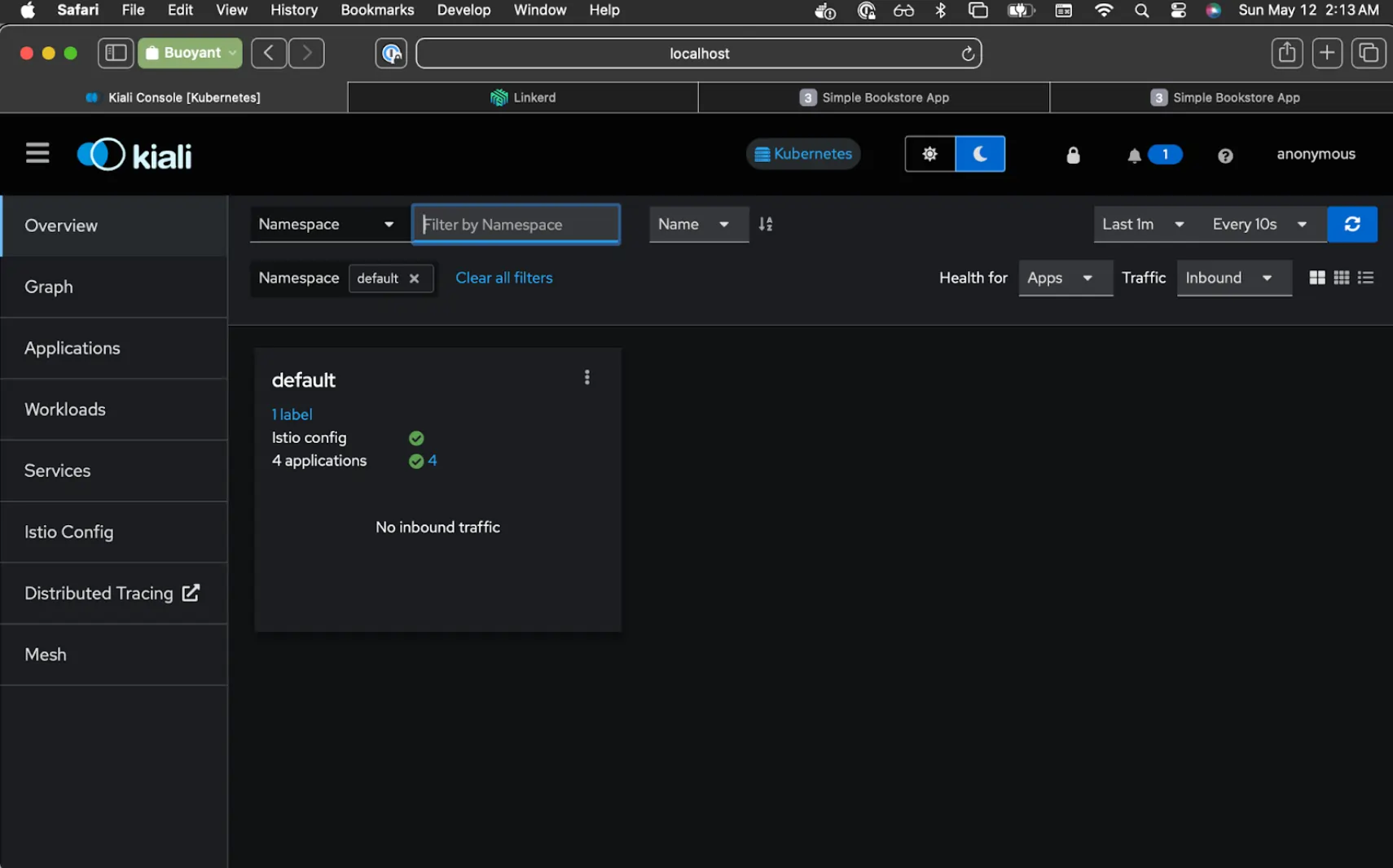 Kiali Overview tab showing no inbound traffic to services in the default namespace.