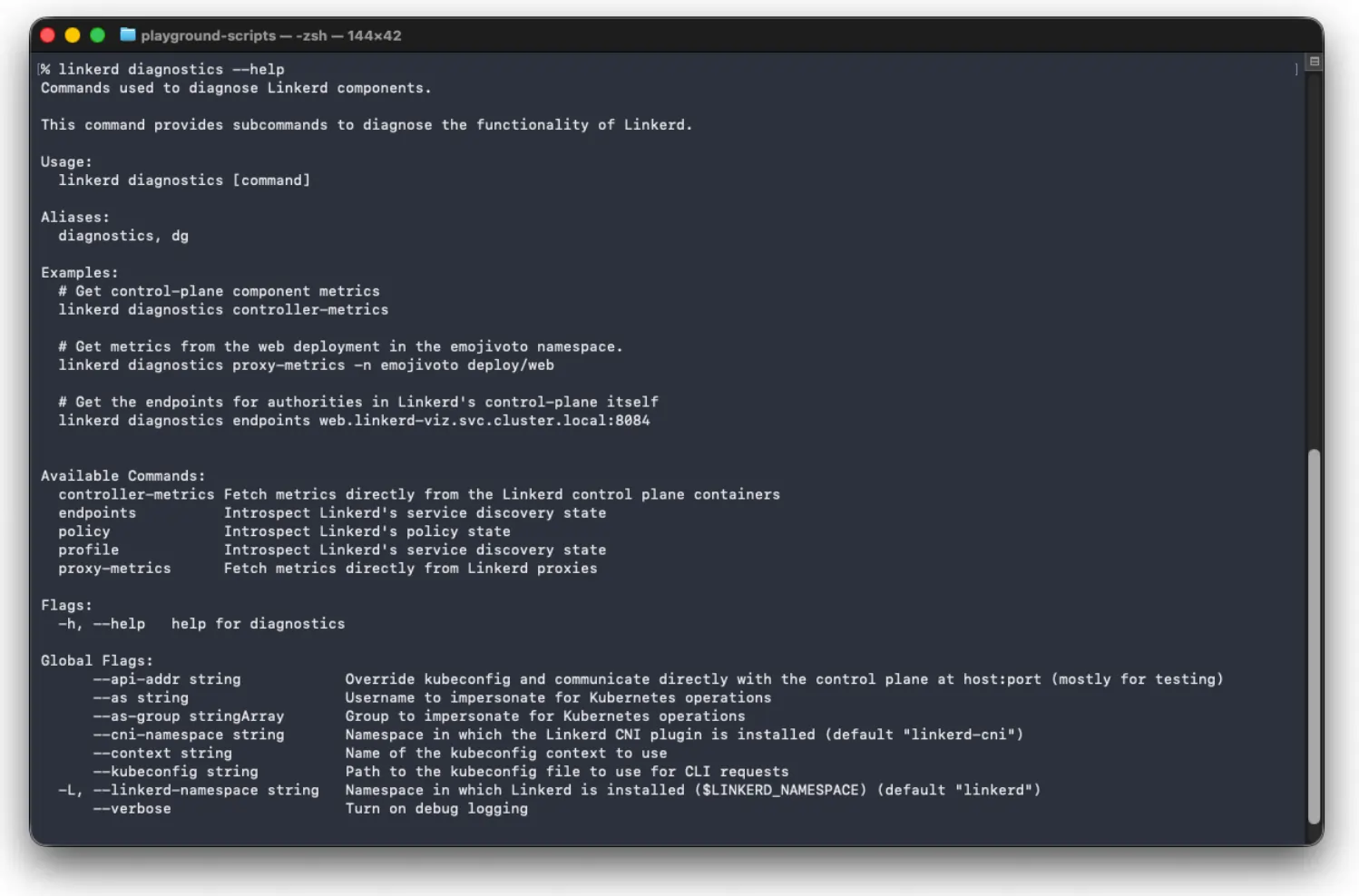 Subcommands available for Linkerd diagnostics
