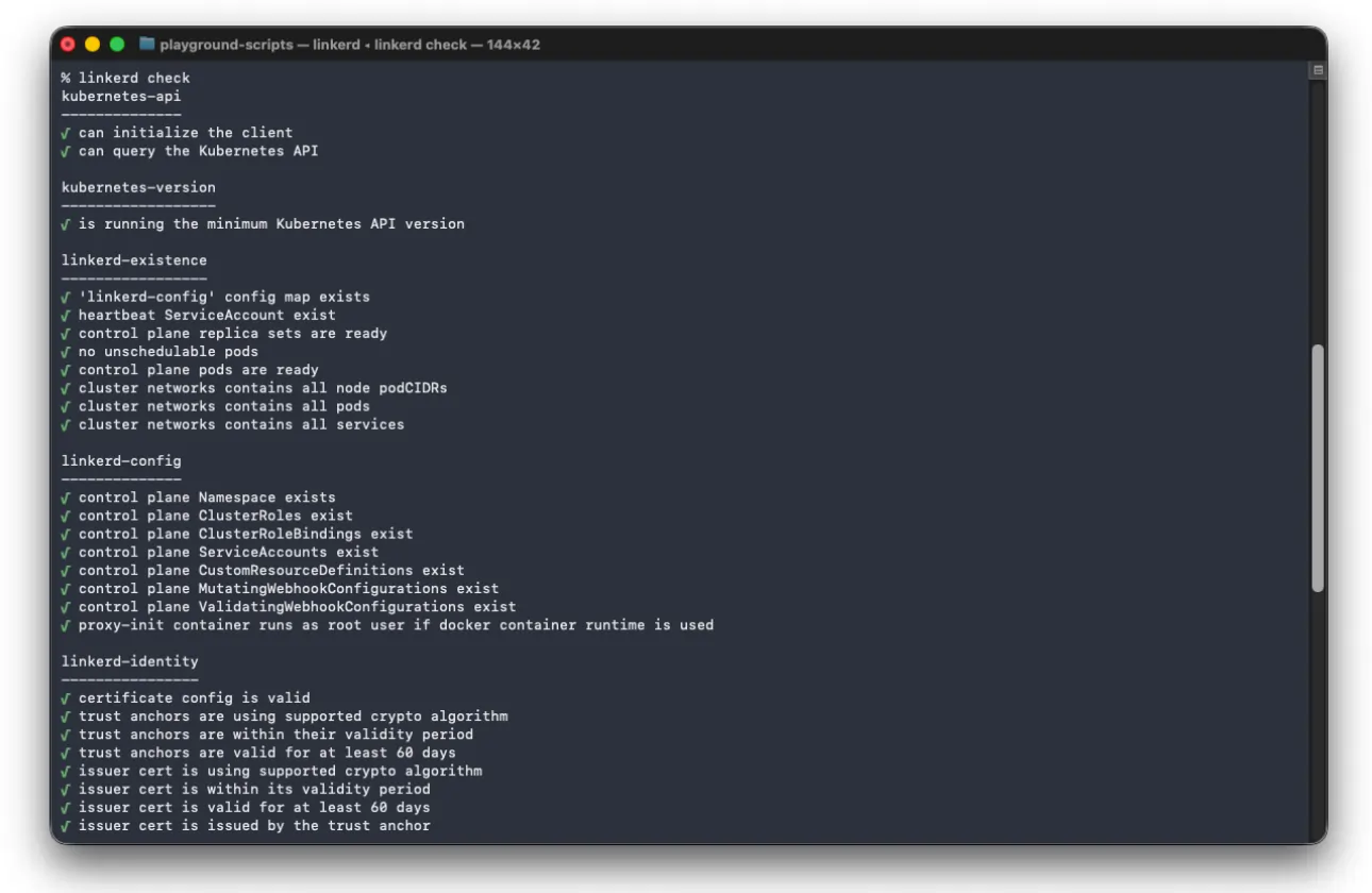 Output of the linkerd check command