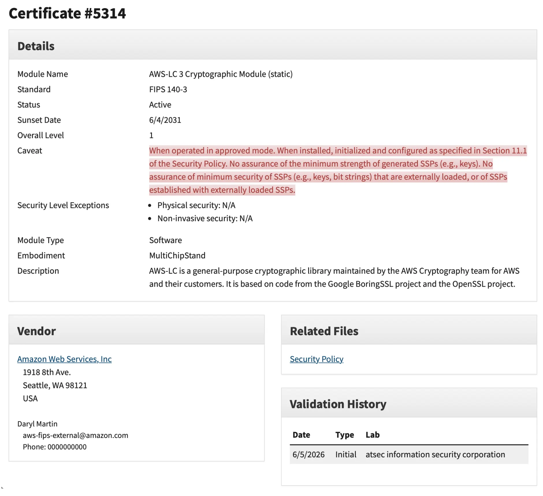 An example of a CMVP certificate