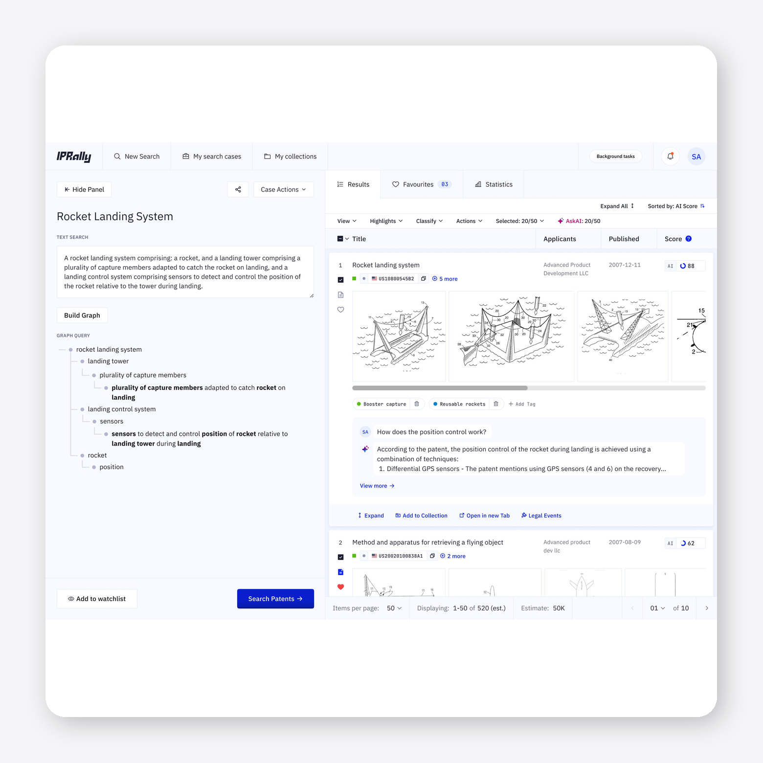 IPRally patent search interface with graph-based query and results
