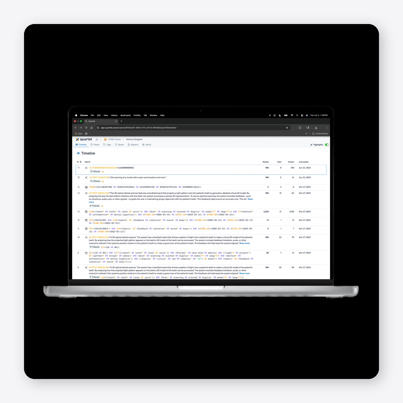 Quartet patent search interface displayed on laptop screen