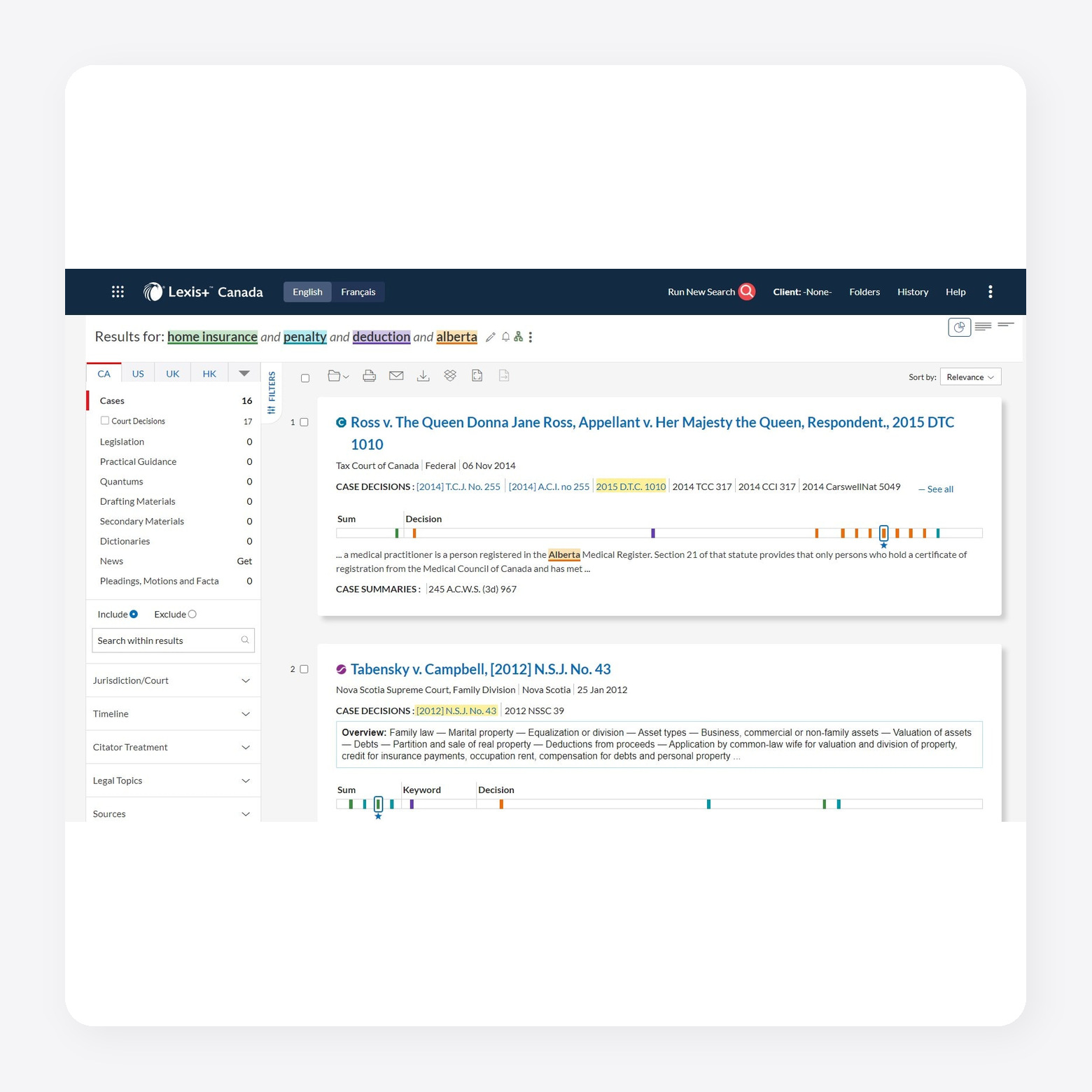 Lexis+ legal research results interface