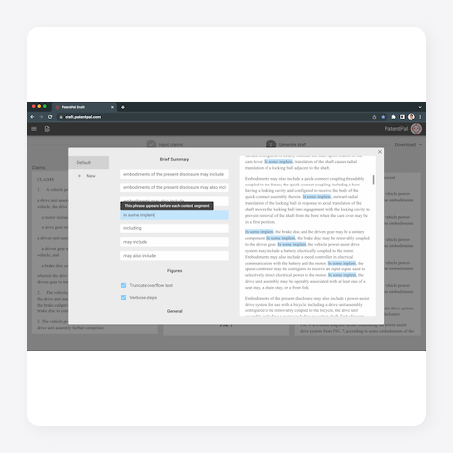 PatentPal patent draft generation interface