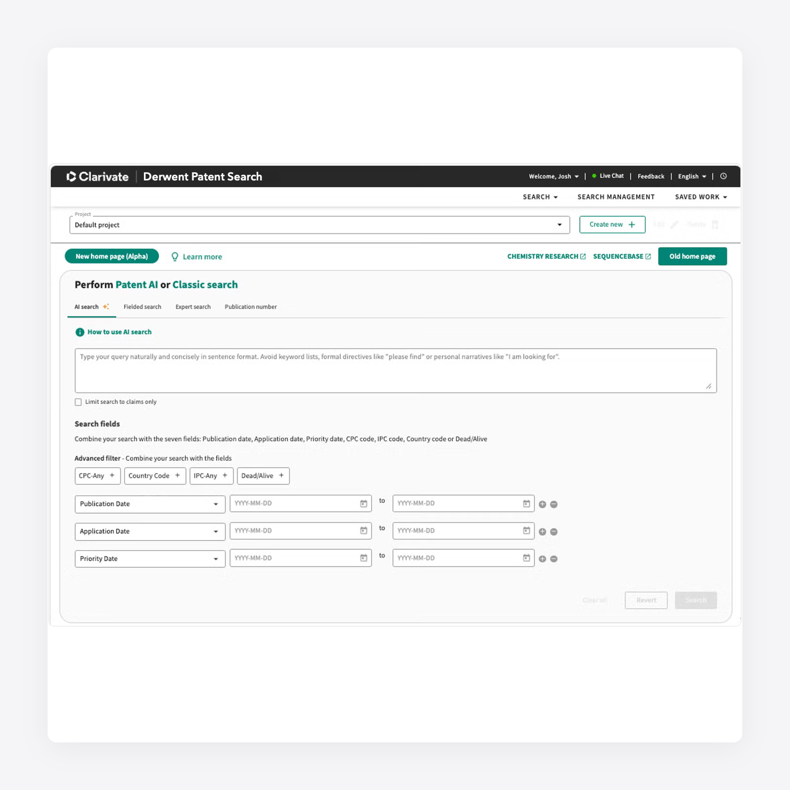 Derwent Patent Search interface with AI query and filters