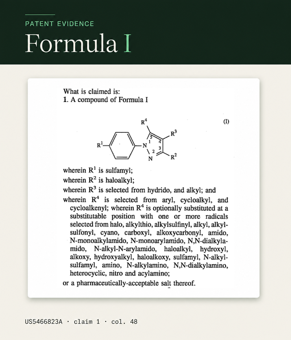 Formula I and claim 1 substituent definitions from US5466823A
