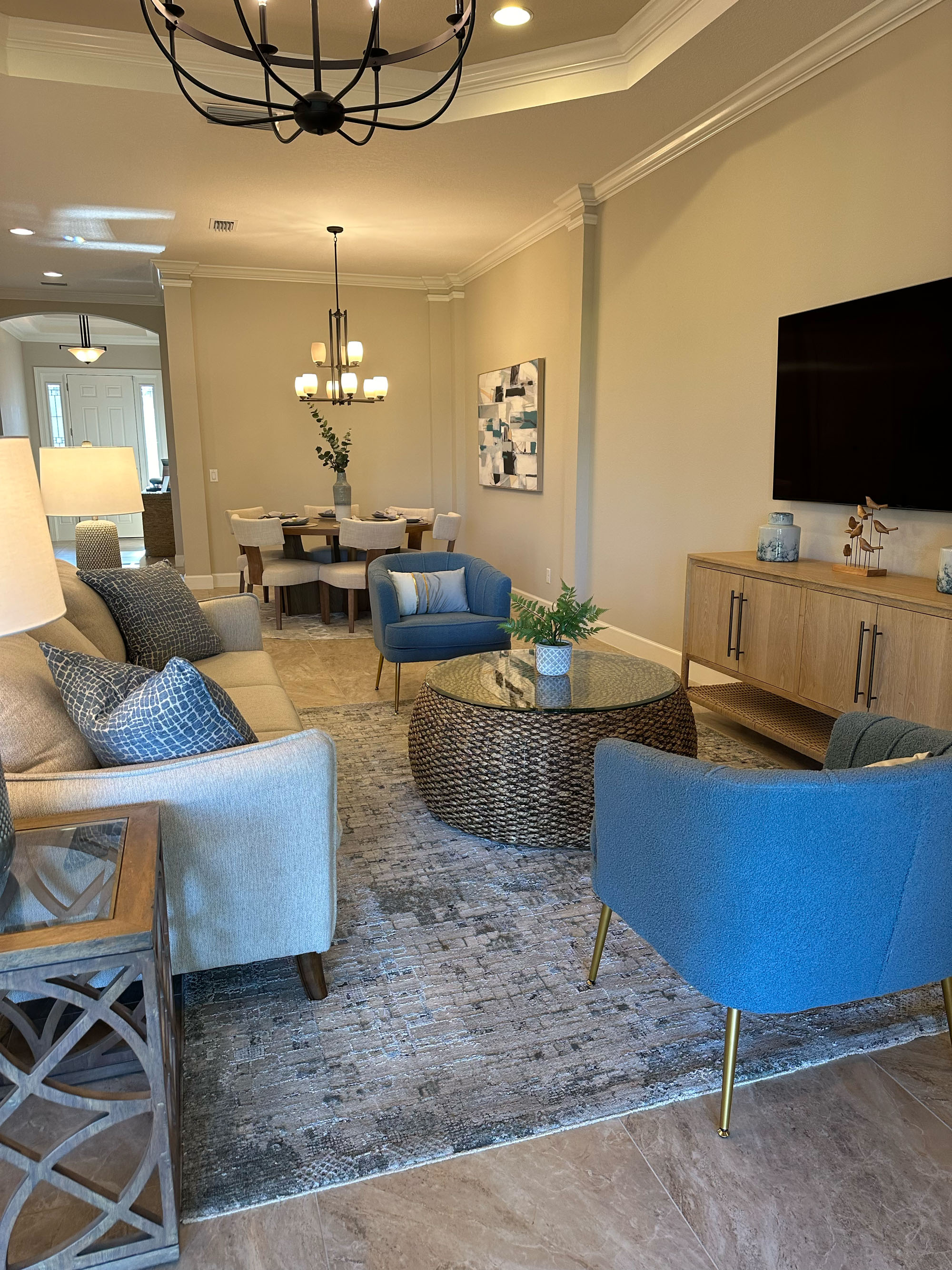 Riverfront condo dining area with modern coastal decor