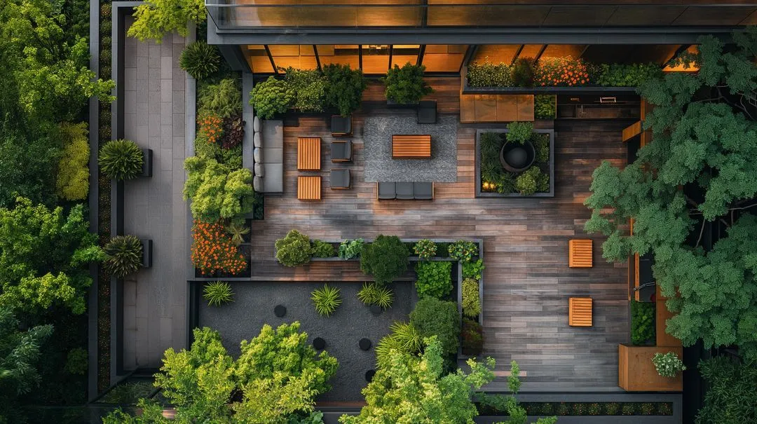 A bird-eye view of an elegant outside patio and lawn, complete with pavers and green grass.